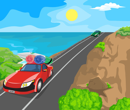 Idyllic seascape. The sun, blue sky and cars on the road.のイラスト素材
