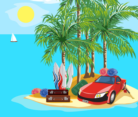 Idyllic seascape. The car and luggage on a desert island.のイラスト素材