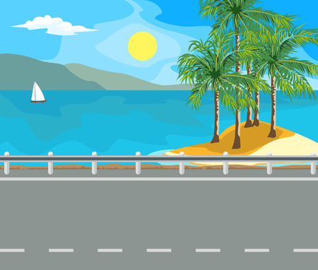 Idyllic seascape. The sun, the island and sailing yacht at sea.のイラスト素材