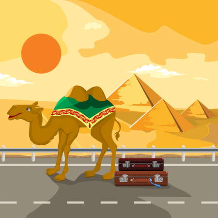 Pyramids and camel going through the desert. Template album.のイラスト素材