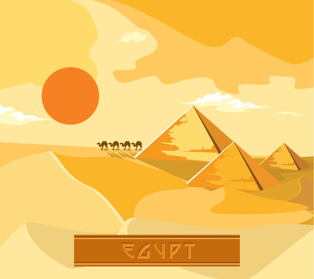 Pyramids and camels going through the desert. The sun sets.のイラスト素材