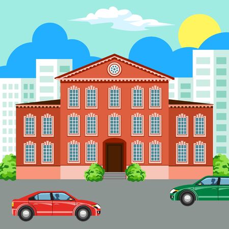 Traditional and modern house. Cityscape background. Urban landscape. Vector flat illustration.のイラスト素材