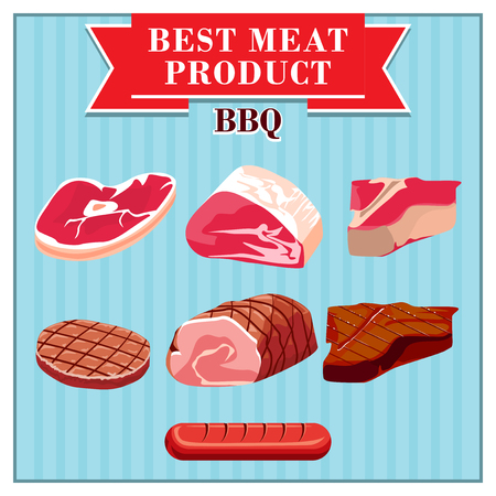 Set of colorful isolated meats to barbecue on a blue vintage background.のイラスト素材