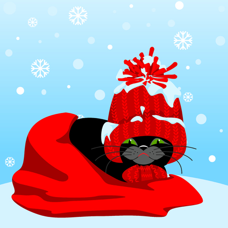 Winter landscape with snowflakes. Black cat in a red cap and a scarf wrapped in a red blanket and sleeping.のイラスト素材