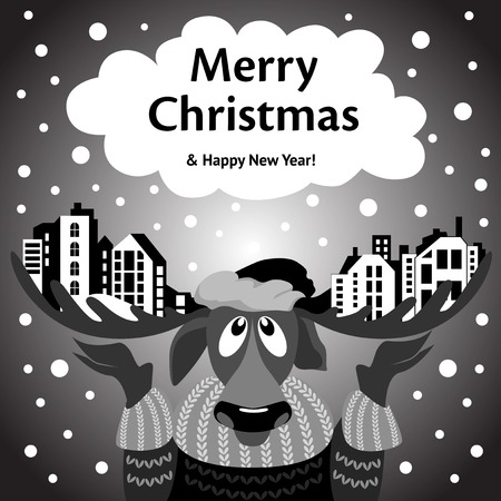 Merry Christmas illustration. Elk in the hat of Santa Claus holding on the horns of the snowy city. The celebration of Christmas and New Year. Black-and-white version.のイラスト素材