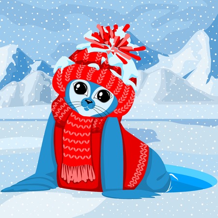 Fur seal pups in colorful hats on a background of a winter landscape. The celebration of Christmas and New Year.のイラスト素材