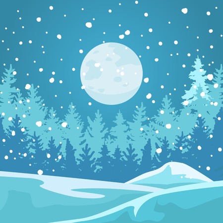 The full moon illuminates the dark forest and snowdrifts. Snow falls.のイラスト素材