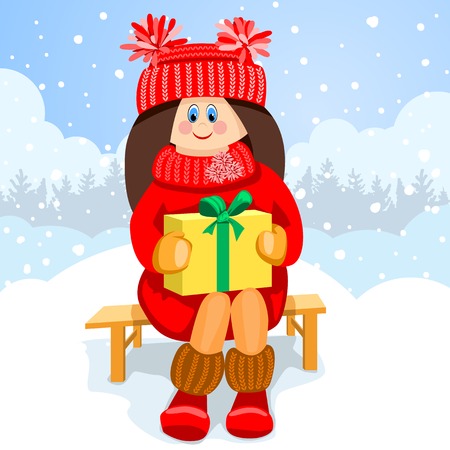 The girl with dark hair in a red dress sitting on a bench. She is holding a gift box and smiling. Winter snow is falling outside.のイラスト素材