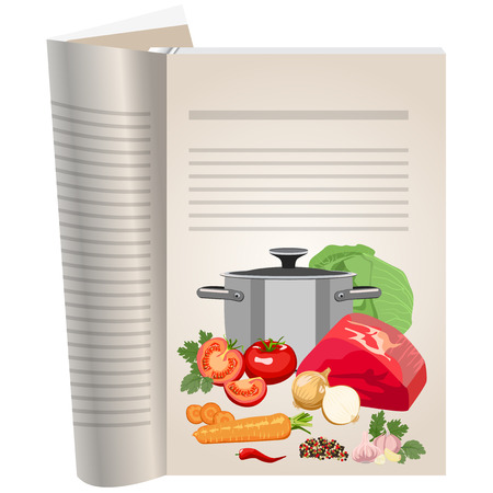 Template pages of a cookbook. You can have there favorite recipes. A set of ingredients for making soup.のイラスト素材