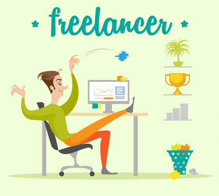 Illustration of a freelancer. Freelancer at his desk looking forward to future business success.のイラスト素材