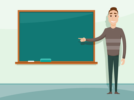 Smiling teacher standing in front of blackboard. Teacher teaching student in classroom at school, college or university.のイラスト素材