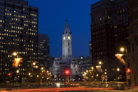 Philadelphia downtown and city hall with night lightsの写真素材