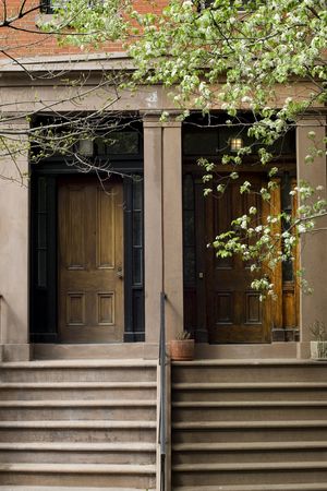Blooming trees before Brooklyn brownstone on Brooklyn Hights neighborhood