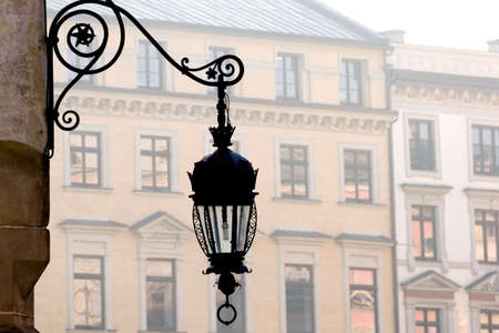 Antique metal street lamp on Market Square, Krakow, Polandの写真素材