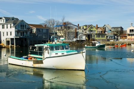 Boats in fishermen village of Rockport on Atlantic coast of Massachussetsの写真素材
