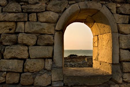 Ancient stone walls of Creek colony Chersonesos, Sevastopol, Crimea, Ukraineの写真素材