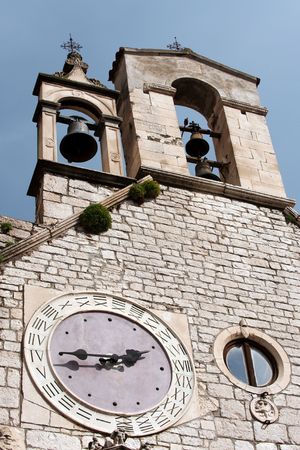 Bell tower with clock, Church of St Barbara, Sibenik, Croatiaの写真素材