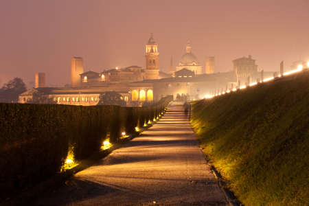 Nighttime panorama of historical Mantova, Nothern Italyの写真素材