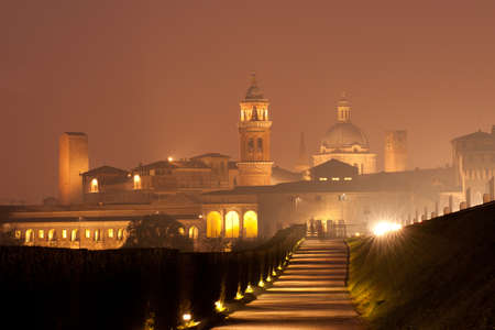 Nighttime panorama of historical Mantova, Nothern Italyの写真素材
