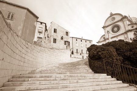 Famous cathedral of St. James and staircase in Sibenik, Croatiaの写真素材