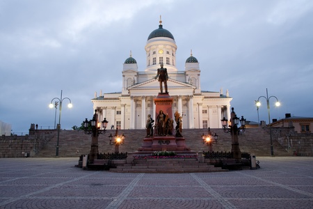 Main square with Helsinki cathedral during White Nights periodの写真素材