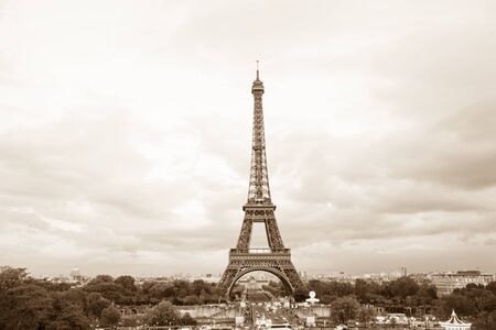View of sepia toned Eiffel tower in Paris, Franceの写真素材