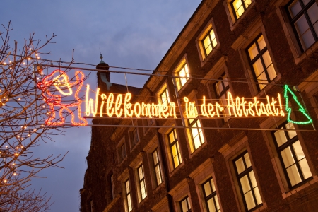 Welcome sign to Altstadt Christmas market in Dusseldorf の写真素材