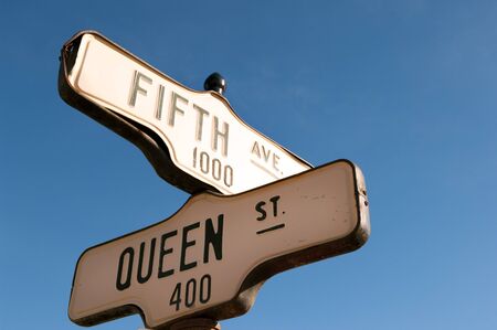 Historic street signs in Dawson city, Yukonの写真素材