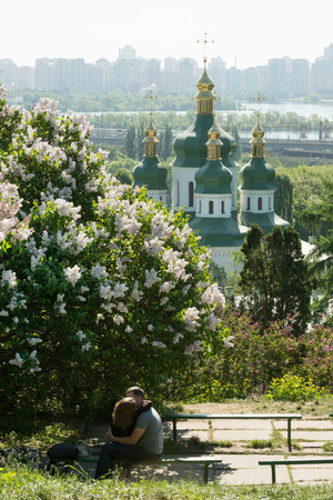 Kiev botanical garden with Vydubichi monastery の写真素材