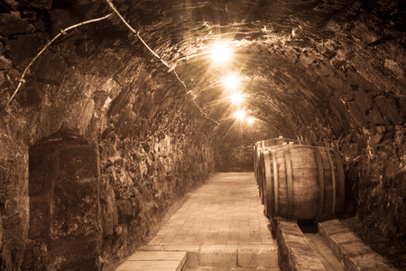 Oak barrels in the tunnel of Tokaj winery cellarのeditorial素材