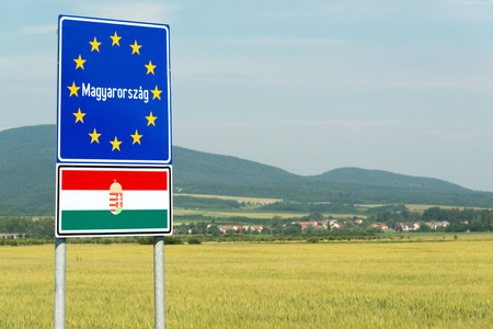 Hungary signpost on the border with Slovakiaの写真素材