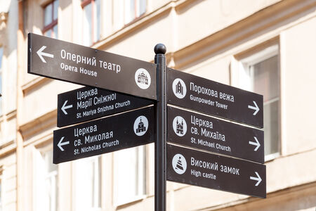 Directional signpost to landmarks of historic Lviv, Ukraineの写真素材