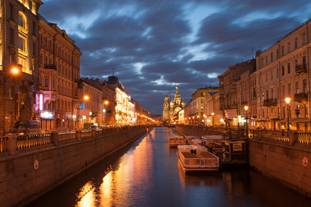 Tour boats on Griboedov canal at white nightsのeditorial素材