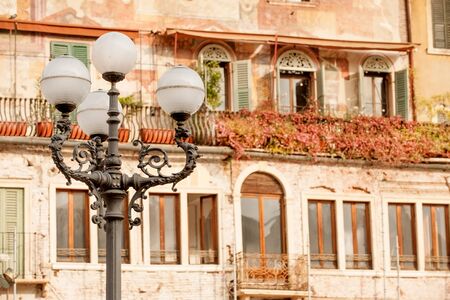 Beautiful old building on historical Piazza delle Erbe, Verona, Italyの写真素材