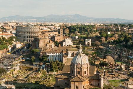 Panorama of Roman Forum ruins and Colosseum, Italyのeditorial素材
