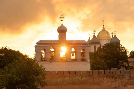 Bell Tower and St Sophia cathedral in Veliky Novgorod Russiaの写真素材