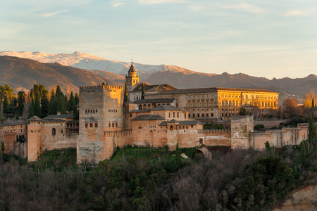 Beautiful Alhambra palace and surrounding mountains in Granada, Spainのeditorial素材