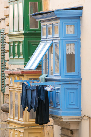 Balconies on traditional Maltese house in the capital city of Valletta, Maltaの写真素材