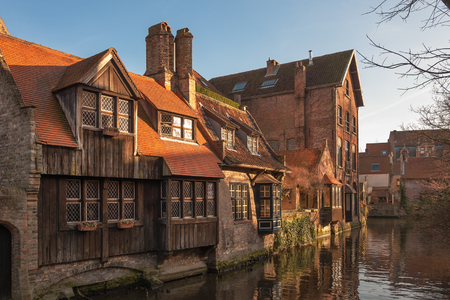 Typical houses around Dijver canal in historic center of Brugesの写真素材
