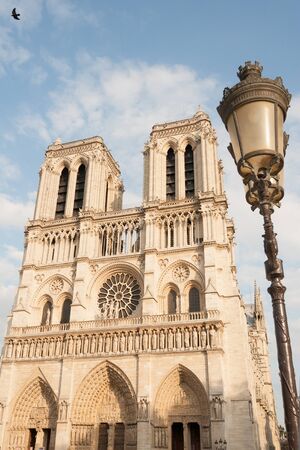 Notre Dame de Paris and traditional street lamp on Ile de la Citeの写真素材