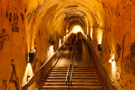 Rows of dusty champagne bottles in Reims cellar, Franceの写真素材