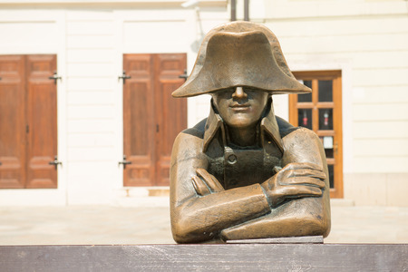 Statue of Napoleon soldier by the bench in Bratislava Main Square, Slovakia
