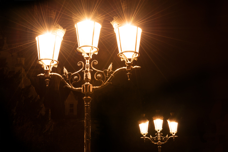 Street light pole seen near Notre Dame Cathedral in Paris, Franceの写真素材