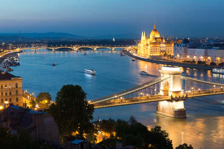 Night view of Chain bridge and Parliament in Pest part of Budapest, Hungaryの写真素材