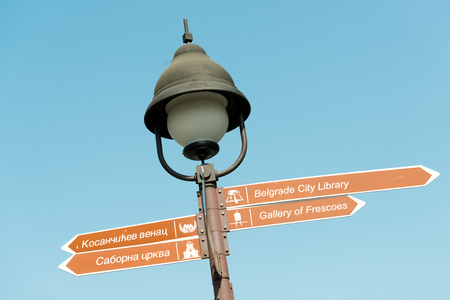 Signpost with directions to touristic sights in Belgrade, Serbiaの写真素材