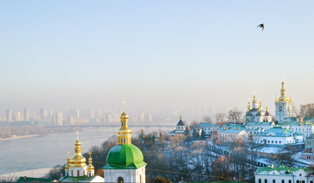 Kiev Pechersk Lavra and Dnieper river view in winter, Kiev, Ukraineの写真素材