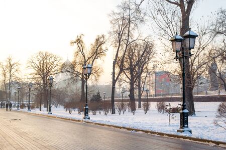 Famous Alexander Garden by the Kremlin walls in downtown Moscow, Russiaの写真素材