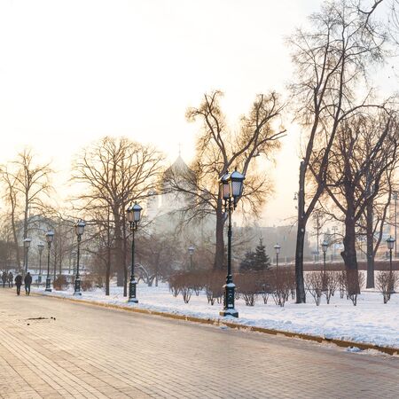Famous Alexander Garden by the Kremlin walls in downtown Moscow, Russiaの写真素材