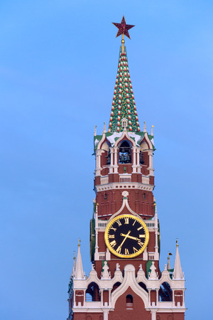 Close up of Spasskaya tower and clock, the main entrance to Kremlin from the Red Squareのeditorial素材