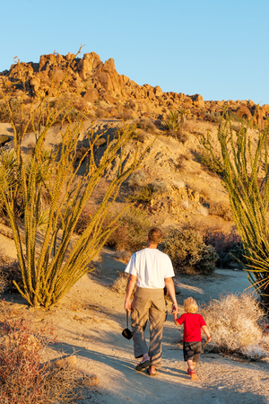 Boy and dad walking the trail in Joshua tree national park, Californiaの写真素材